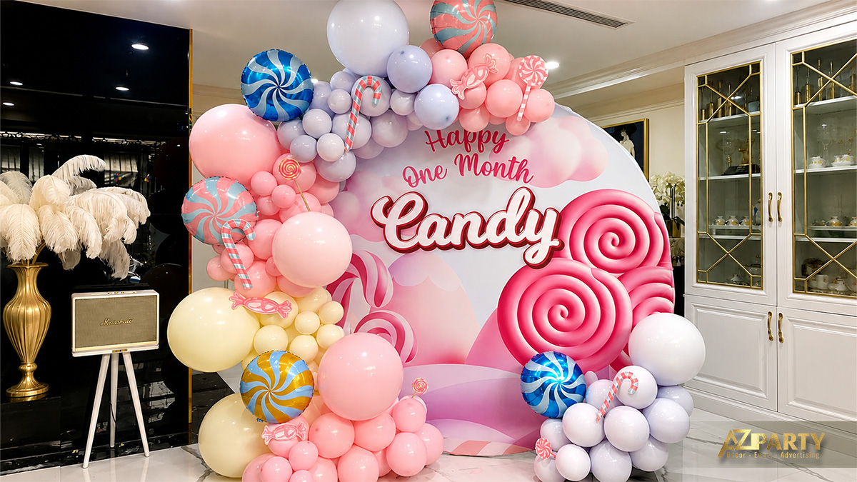 Backdrop trang trí thôi nôi rực rỡ và lộng lẫy dành cho bé Candy