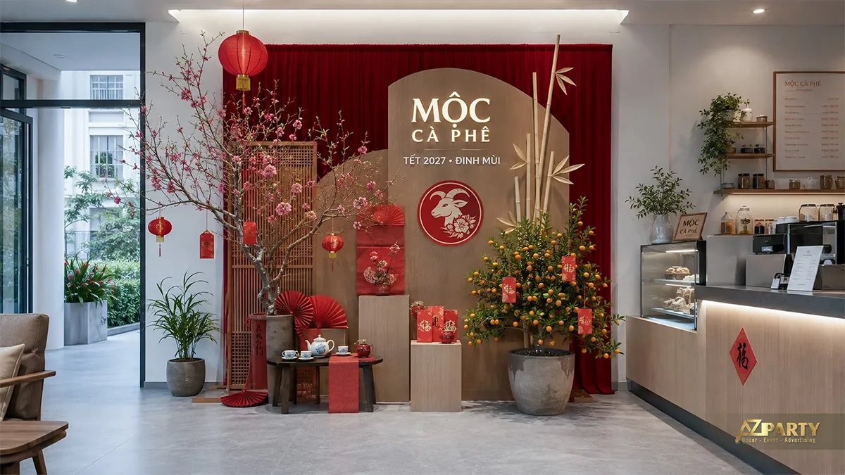 Góc Tết ấm cúng trong quán Mộc Cà Phê với rèm đỏ, biểu tượng dê, phên tre và bàn trà