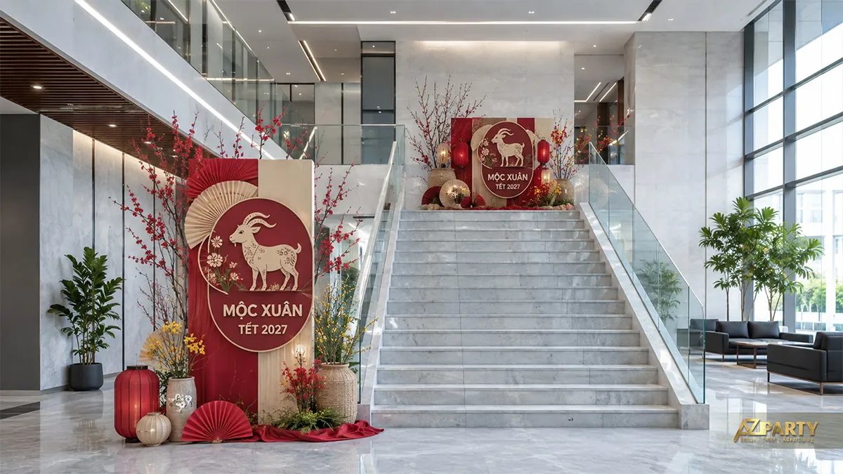 Hai góc tiểu cảnh Tết cạnh cầu thang văn phòng với huy hiệu dê, cành đào và đèn lồng