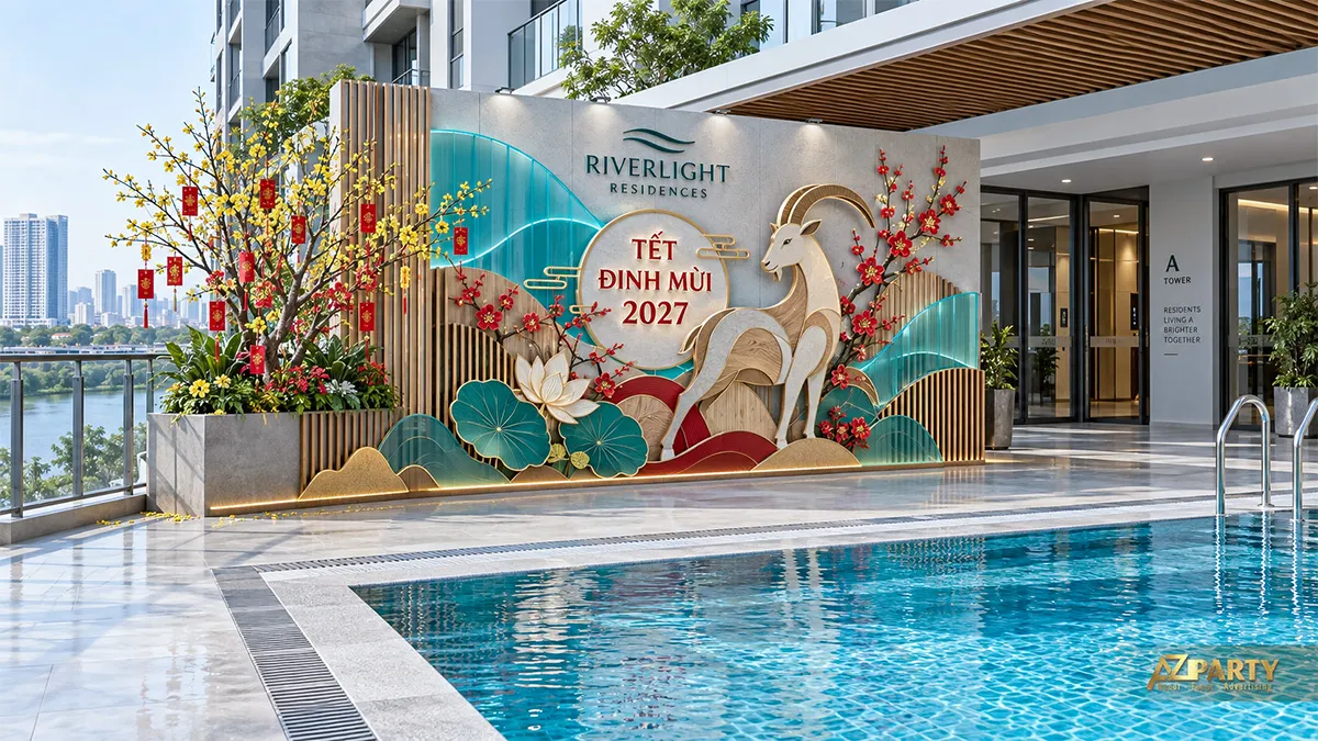Tiểu cảnh Tết bên hồ bơi khu căn hộ với dê, lá sen và hoa xuân