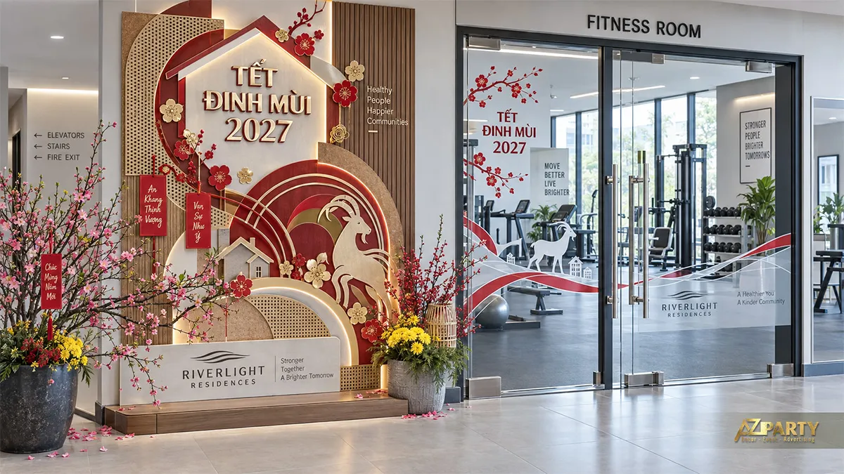 Lối vào phòng gym trang trí tiểu cảnh Tết hình dê, nhà và cành hoa