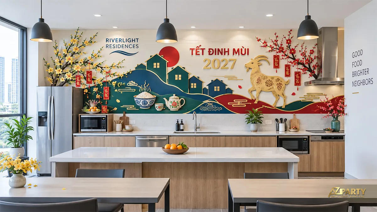Bếp cộng đồng có mảng tường Tết hình nhà, dê, hoa mai đào và bộ ấm trà