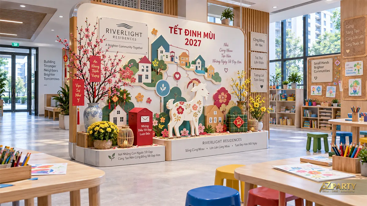 Phòng sáng tạo trẻ em có backdrop Tết hình dê, nhà và bàn ghế nhiều màu