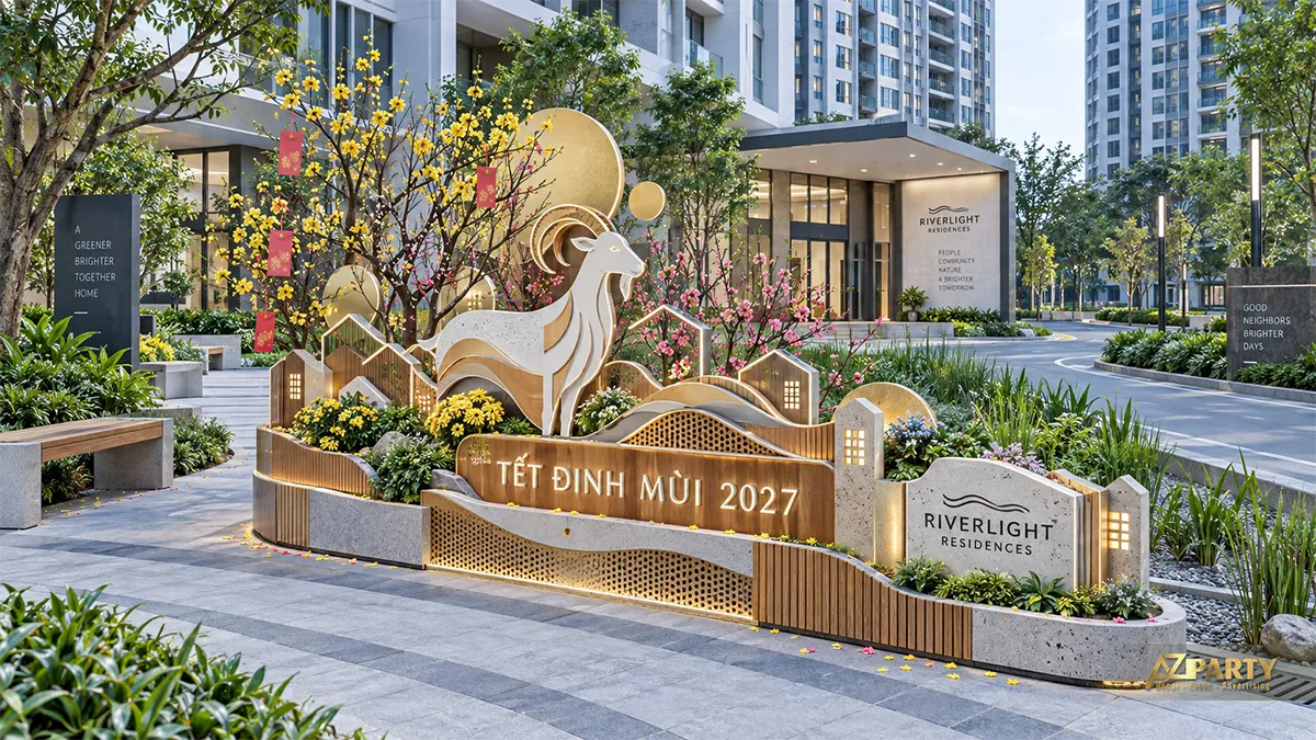 Tiểu cảnh ngoài trời giữa khu chung cư với dê, đèn nhà và cây hoa Tết