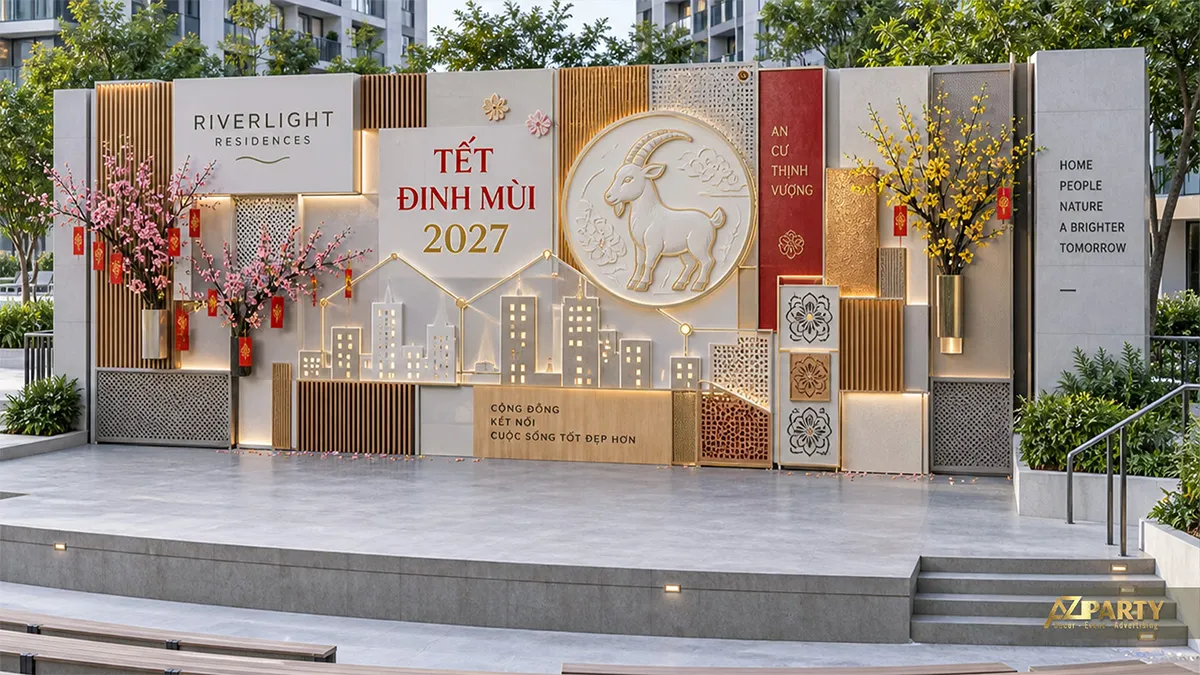 Sân khấu nội khu có backdrop Tết hình dê, đường chân trời và hoa mai đào