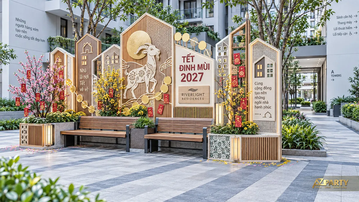 Tiểu cảnh Tết cạnh băng ghế nội khu với dê, ngôi nhà và dây đồng tiền