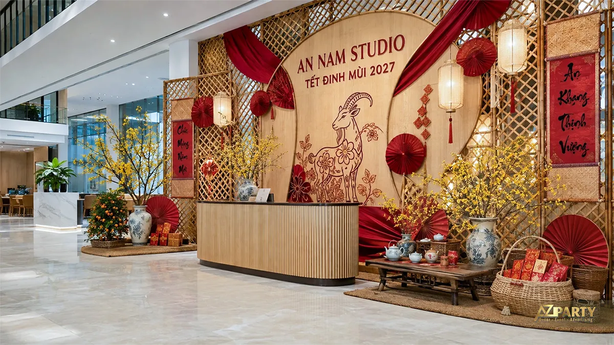 Tiểu cảnh Tết cổ truyền tại sảnh An Nam Studio với mành tre, quạt giấy, câu đối và bàn trà