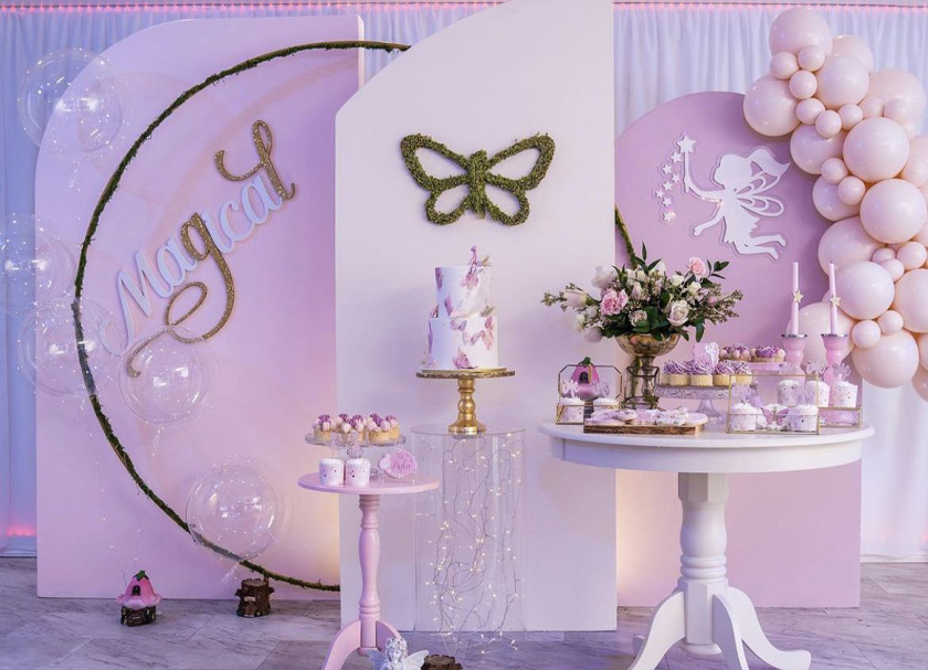 Tổng hợp mẫu backdrop trang trí thôi nôi màu tím pastel