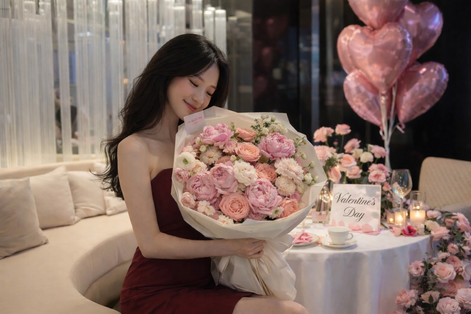 Cô gái chụp ảnh trong không gian trang trí Valentine lãng mạn 