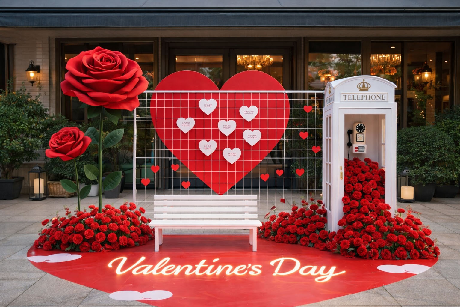 Mẫu trang trí Valentine ngoài trời với backdrop trái tim đỏ, hoa hồng đỏ, ghế trắng đầy lãng mạn