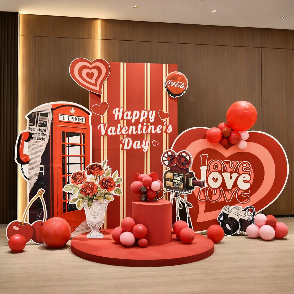 Backdrop trang trí Valentine trong nhà với tone đỏ lãng mạn 