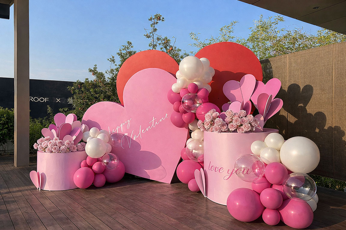 trang trí Valentine ngoài trời với backdrop trái tim hồng, chữ Happy Valentine, hoa hồng sáp, bóng bay hồng
