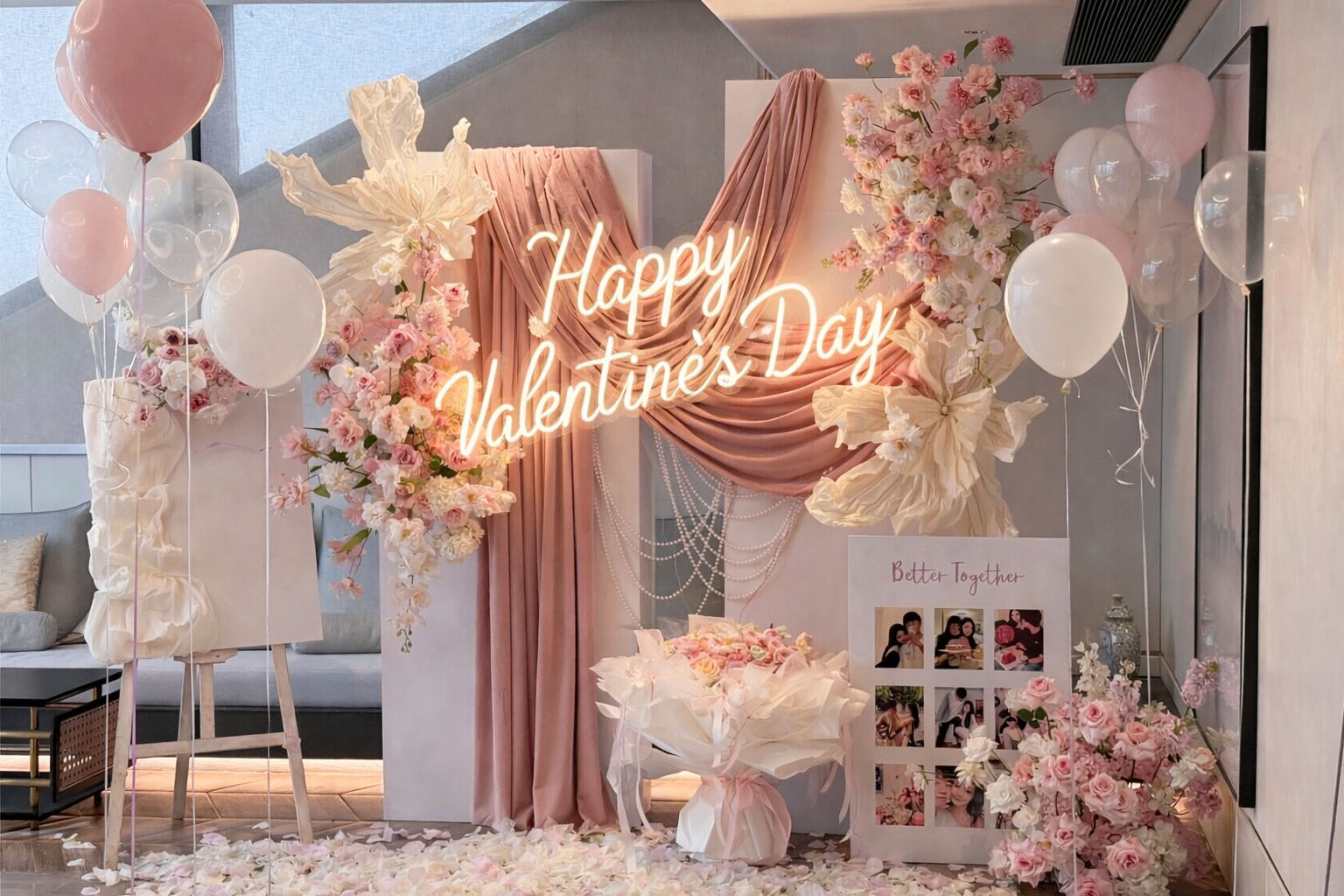 Trang trí Valentine tại nhà với backdrop hồng pastel, bóng bay, hoa lụa và đèn chữ Happy Valentine's Day lãng mạn