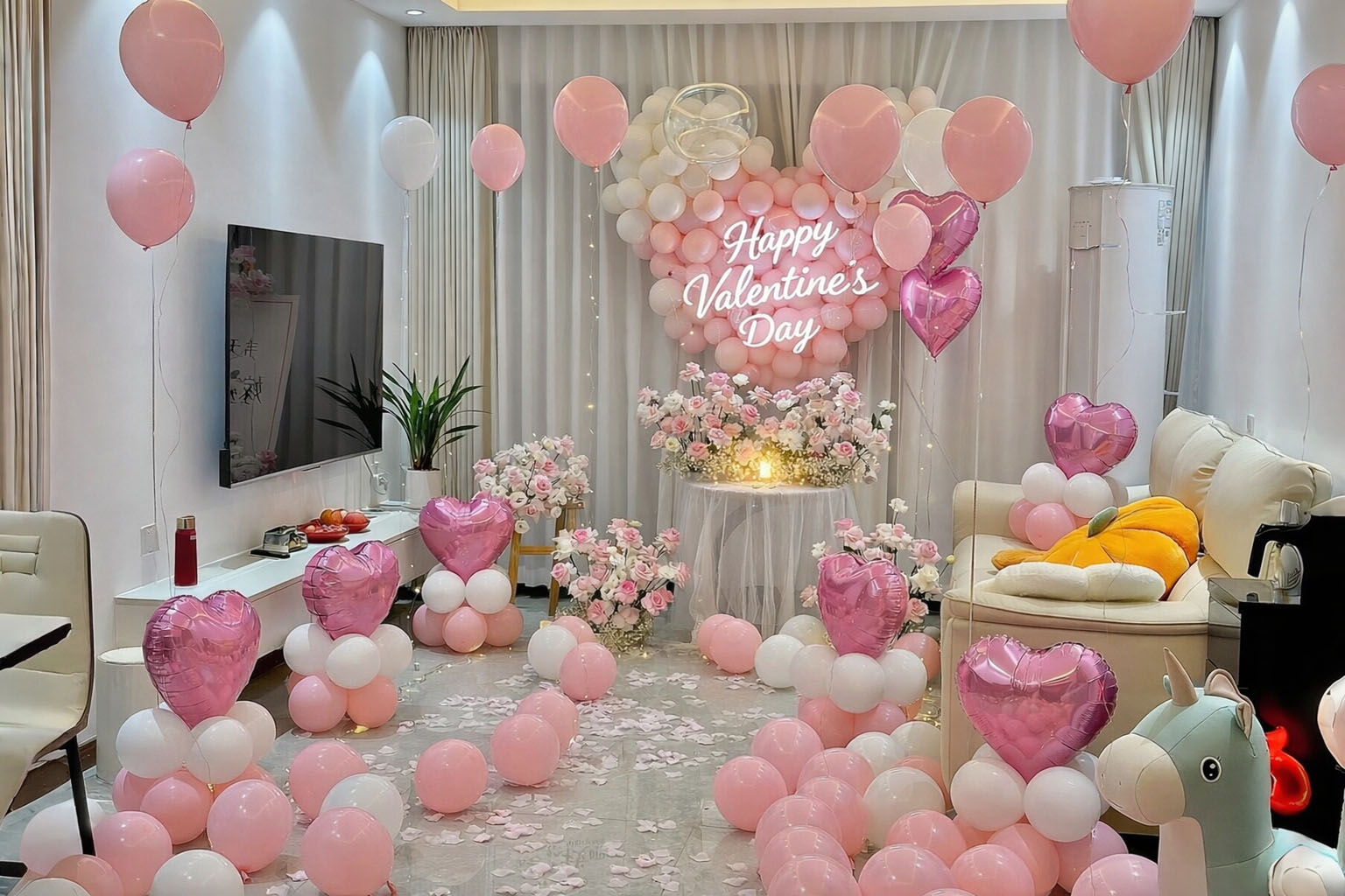 Trang trí valentine phòng khách tone hồng với hoa tươi, bóng bay, backdrop