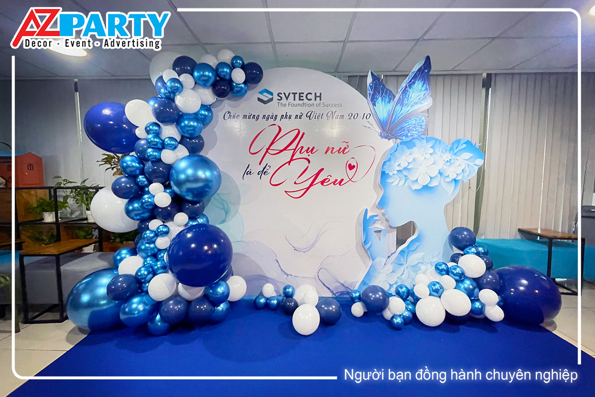 bacdrop phụ nữ việt nam hình tròn, sử dụng 2 màu sắc chủ đạo là xanh + trắng