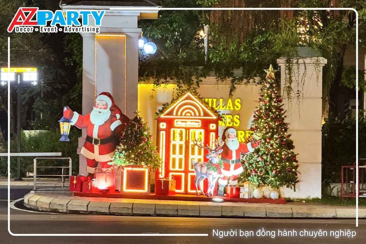 toàn cảnh tiểu cảnh noel ông già noel cầm quà tặng và ông già noel cầm chuông vàng cùng chú tuần lộc