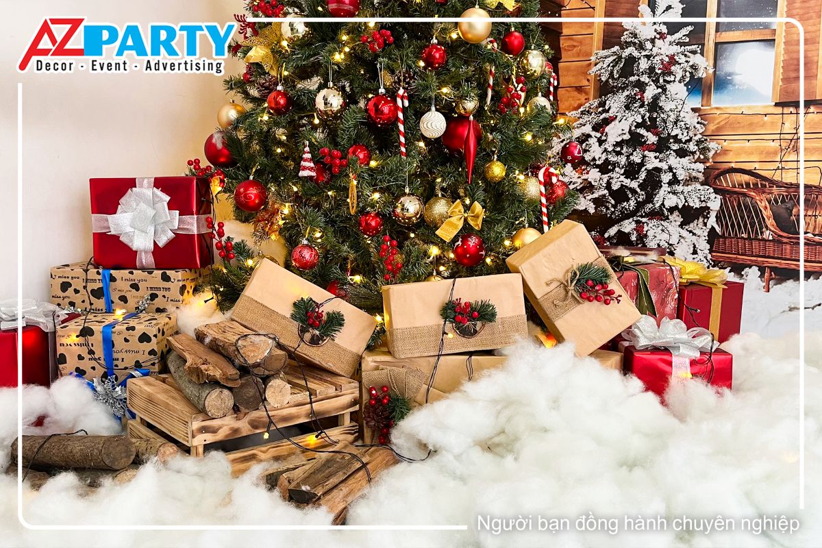 gốc cây thông được đặt những khúc củi, hộp quà nâu, đỏ