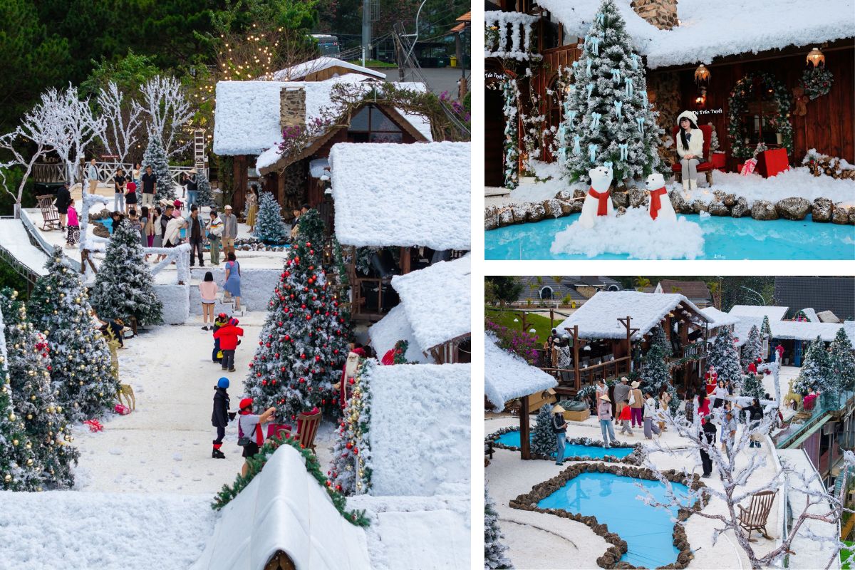 Khu làng Giáng sinh phủ đầy tuyết nhân tạo với hàng thông xanh, hồ nước trong xanh và những ngôi nhà gỗ nhỏ. Du khách dạo chơi, chụp ảnh giữa khung cảnh mùa đông rực rỡ, mang đến cảm giác như đang lạc vào xứ sở tuyết châu Âu.
