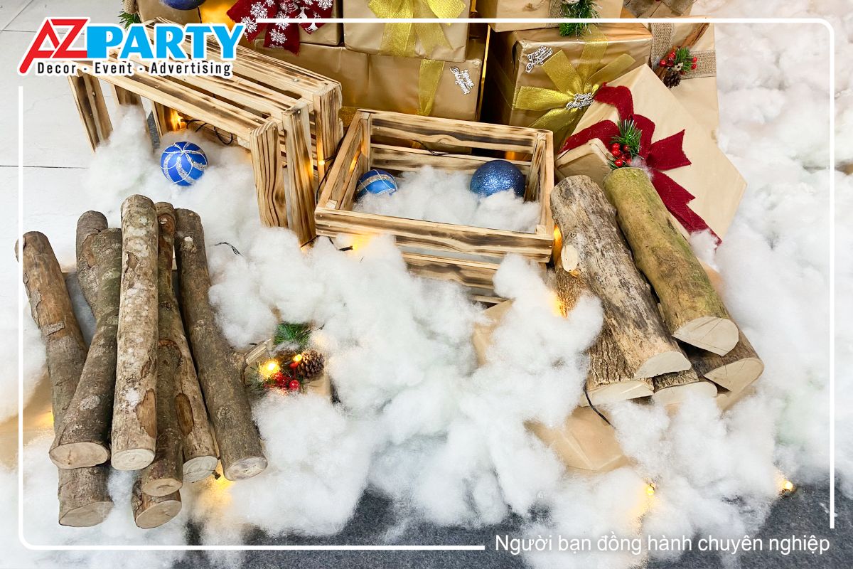 củi gỗ, hộp gỗ đặt trên mặt tuyết