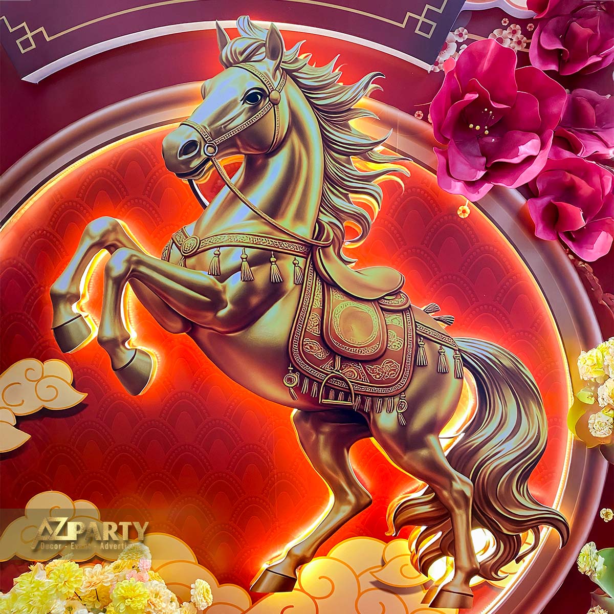 Tiểu cảnh trang trí Tết với mô hình phi mã sang trọng ốp đèn Led nổi bật 