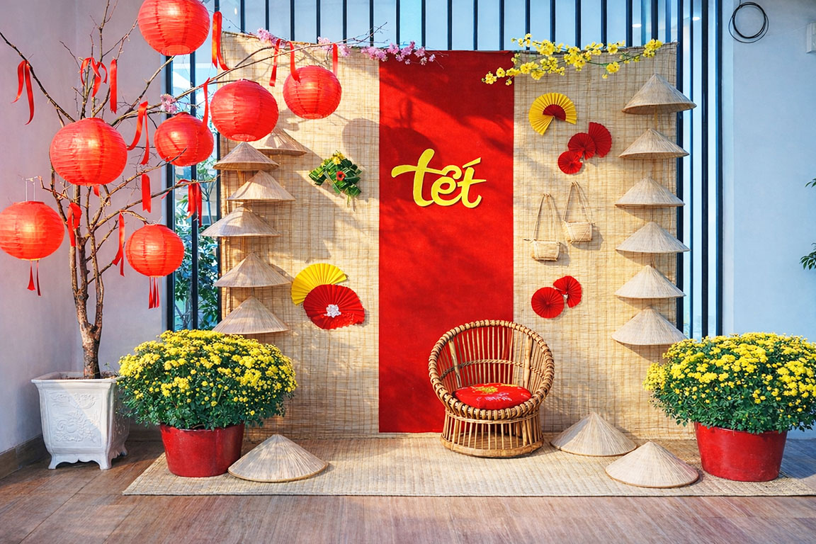 Tiểu cảnh decor Tết truyền thống với nón lá treo tường, lồng đèn đỏ, hoa cúc vàng và ghế mây, gần gũi và ấm cúng