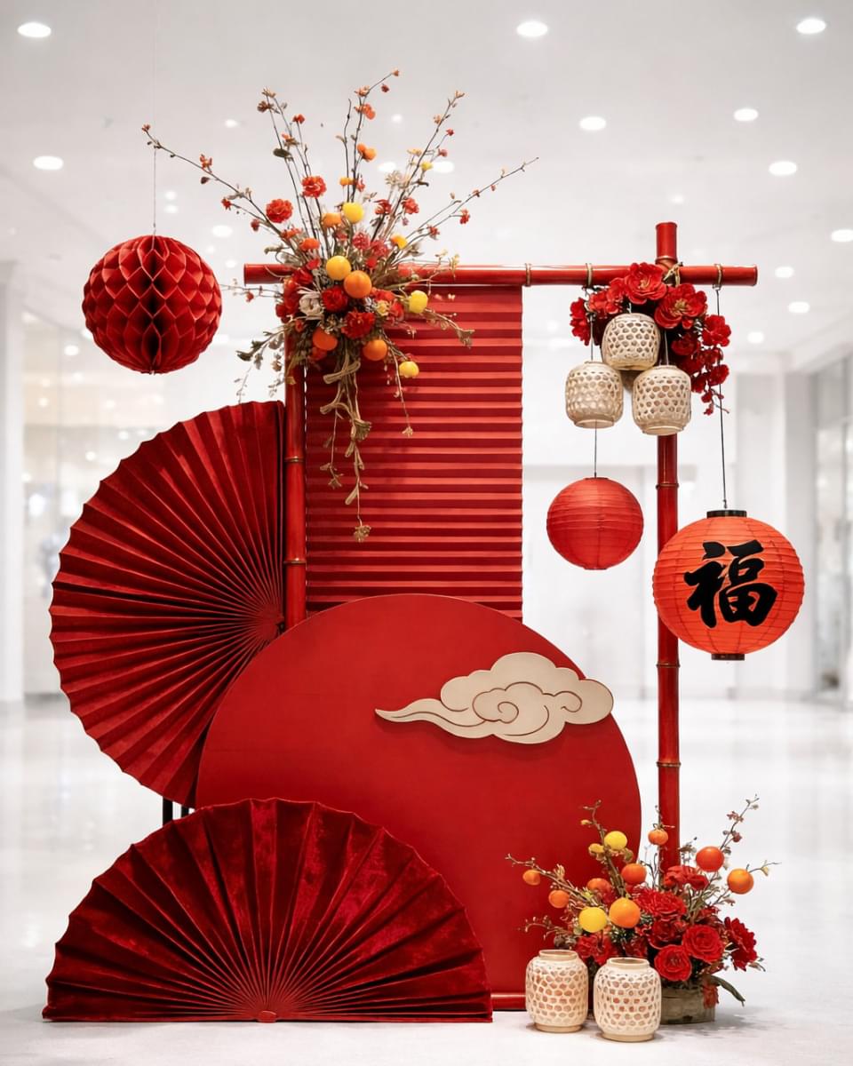Tiểu cảnh decor Tết với quạt giấy, lồng đèn chữ Phúc, hoa xuân và khung tre trang trí không gian check-in.