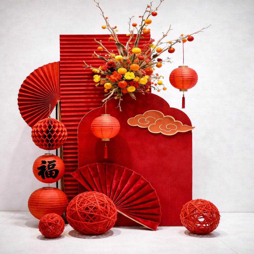 Tiểu cảnh decor Tết tông đỏ với quạt giấy, hoa xuân rực rỡ 