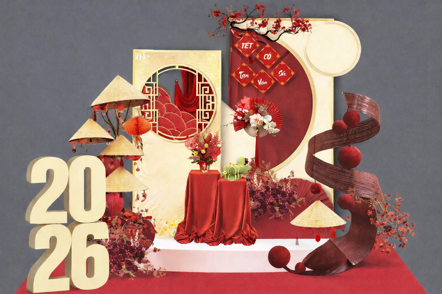 iểu cảnh decor Tết 2026 phong cách truyền thống Việt Nam với nón lá, hoa đỏ, phông đỏ trắng nghệ thuật, sang trọng.