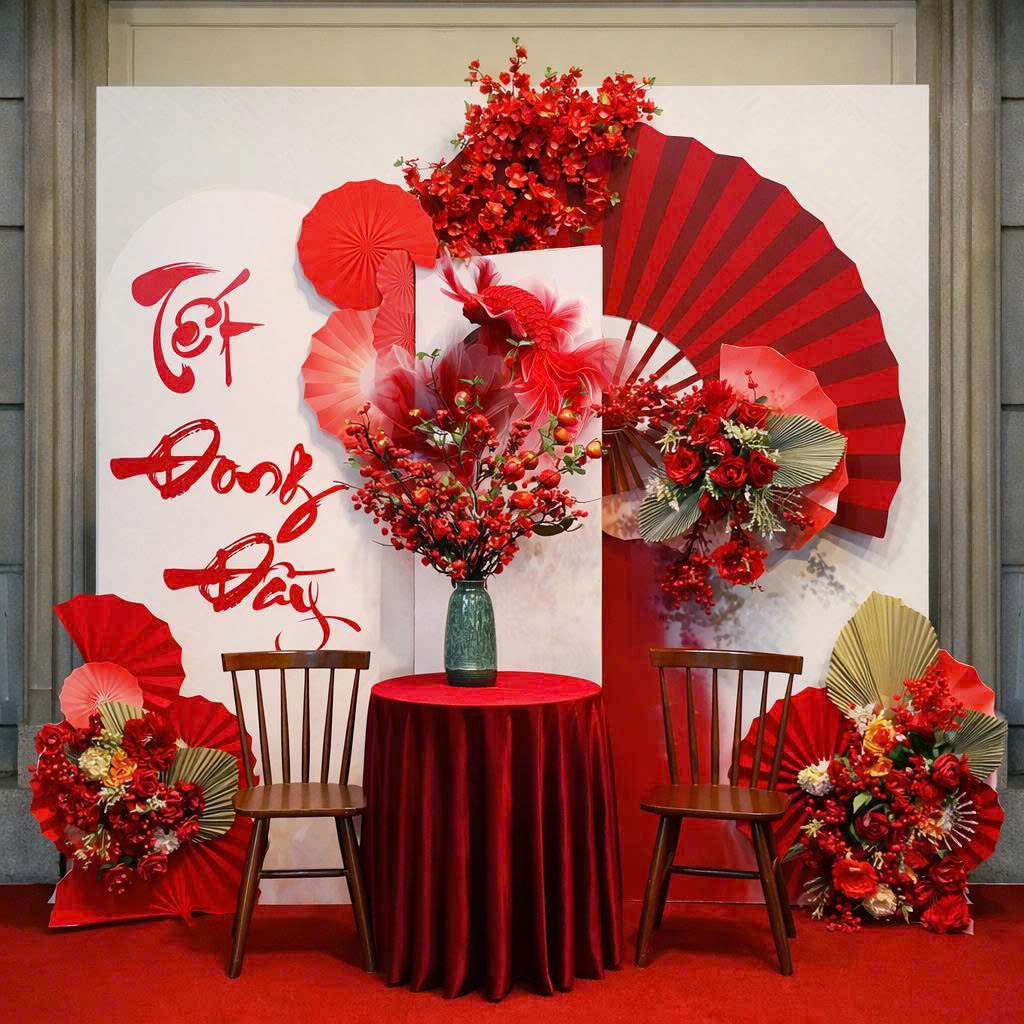 Mẫu Decor với chi tiết quạt và hoa ấn tượng 