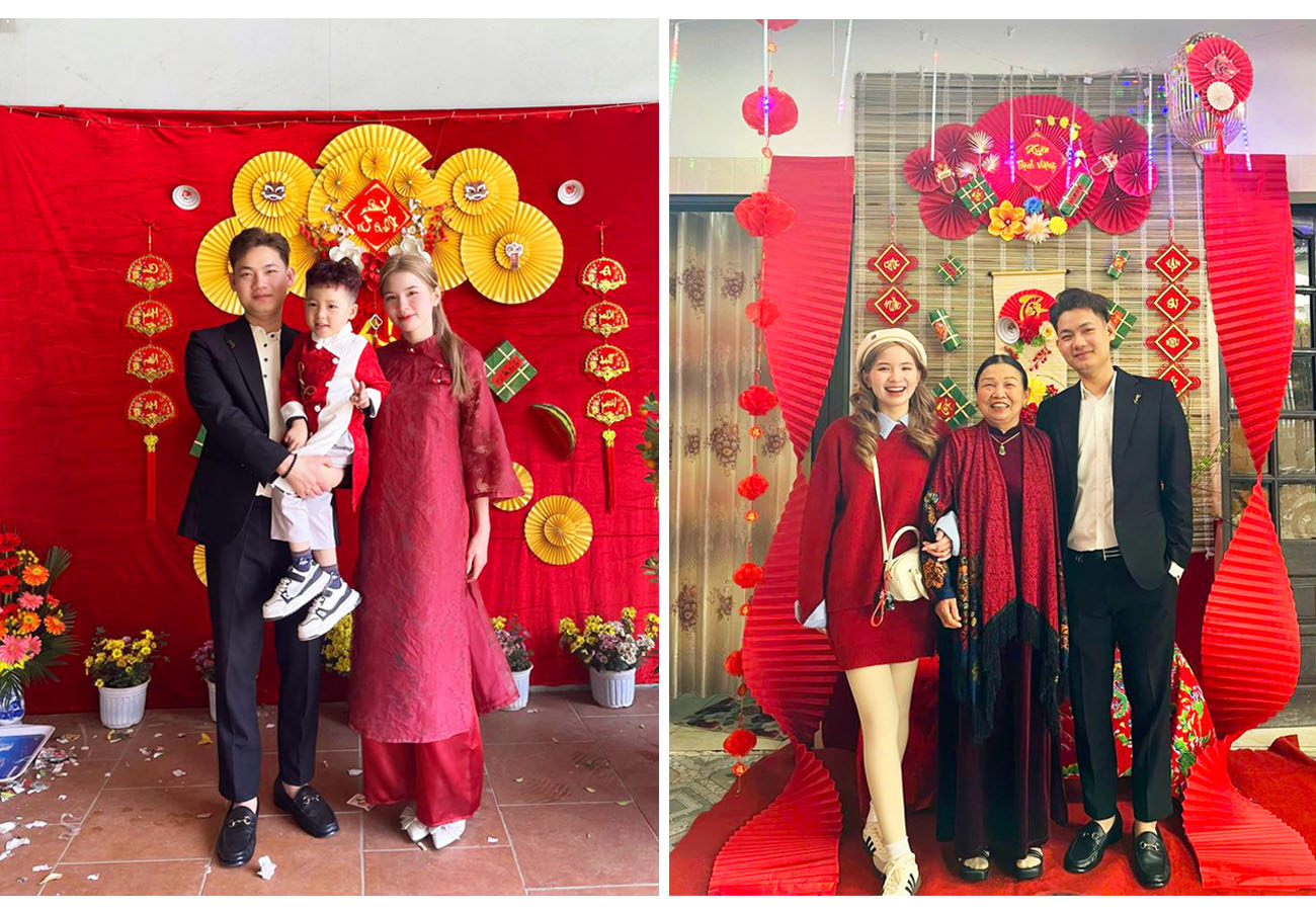 Gia đình chụp cảnh cùng tiểu cảnh tết đơn giản, rực rỡ
