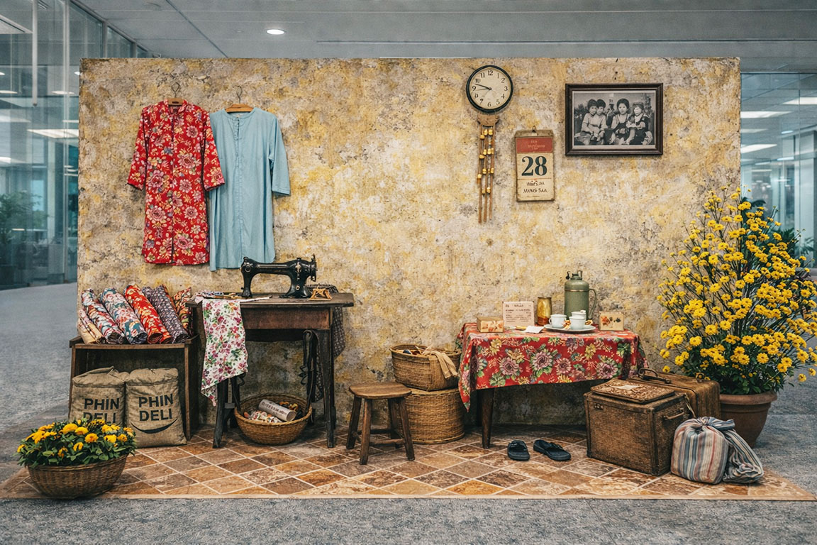 Tiểu cảnh Tết xưa với góc may vá truyền thống, máy may cổ, áo dài treo tường, bàn trà ngày Tết và hoa cúc vàng Việt Nam