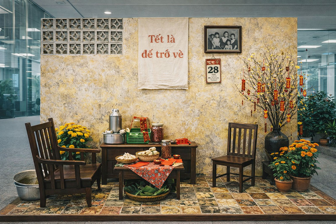 Tiểu cảnh Tết xưa với bàn trà ngày Tết, khung cảnh phòng khách tết xưa 