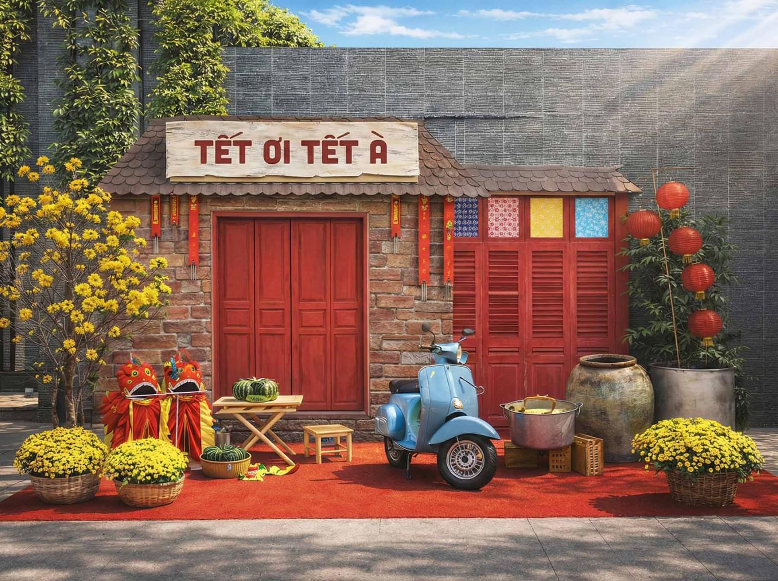 iểu cảnh trang trí Tết xưa hoài niệm với mặt tiền nhà gạch đỏ, bảng ‘Tết ơi Tết à’, hoa mai vàng, đèn lồng đỏ, xe máy cổ, mâm dưa hấu