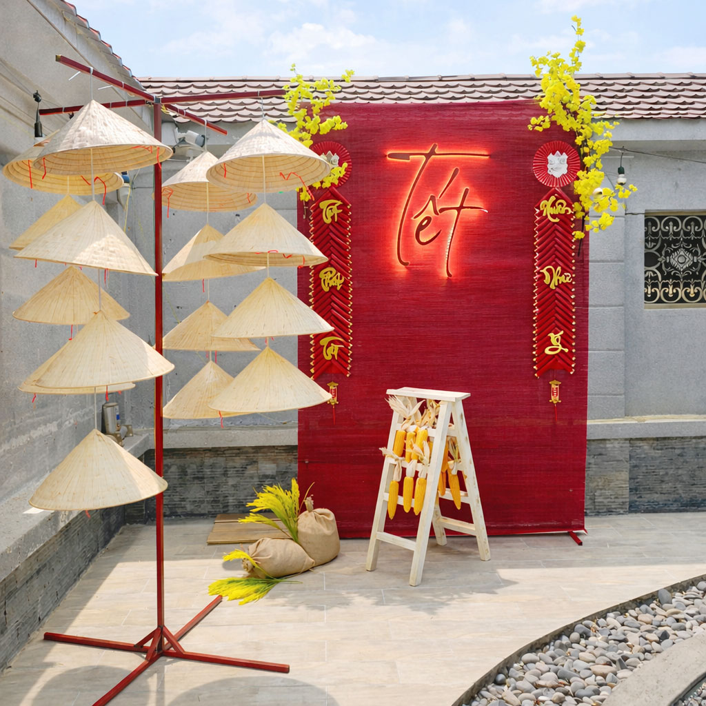 Trang trí Tết sân vườn với nón lá và mành tre đỏ