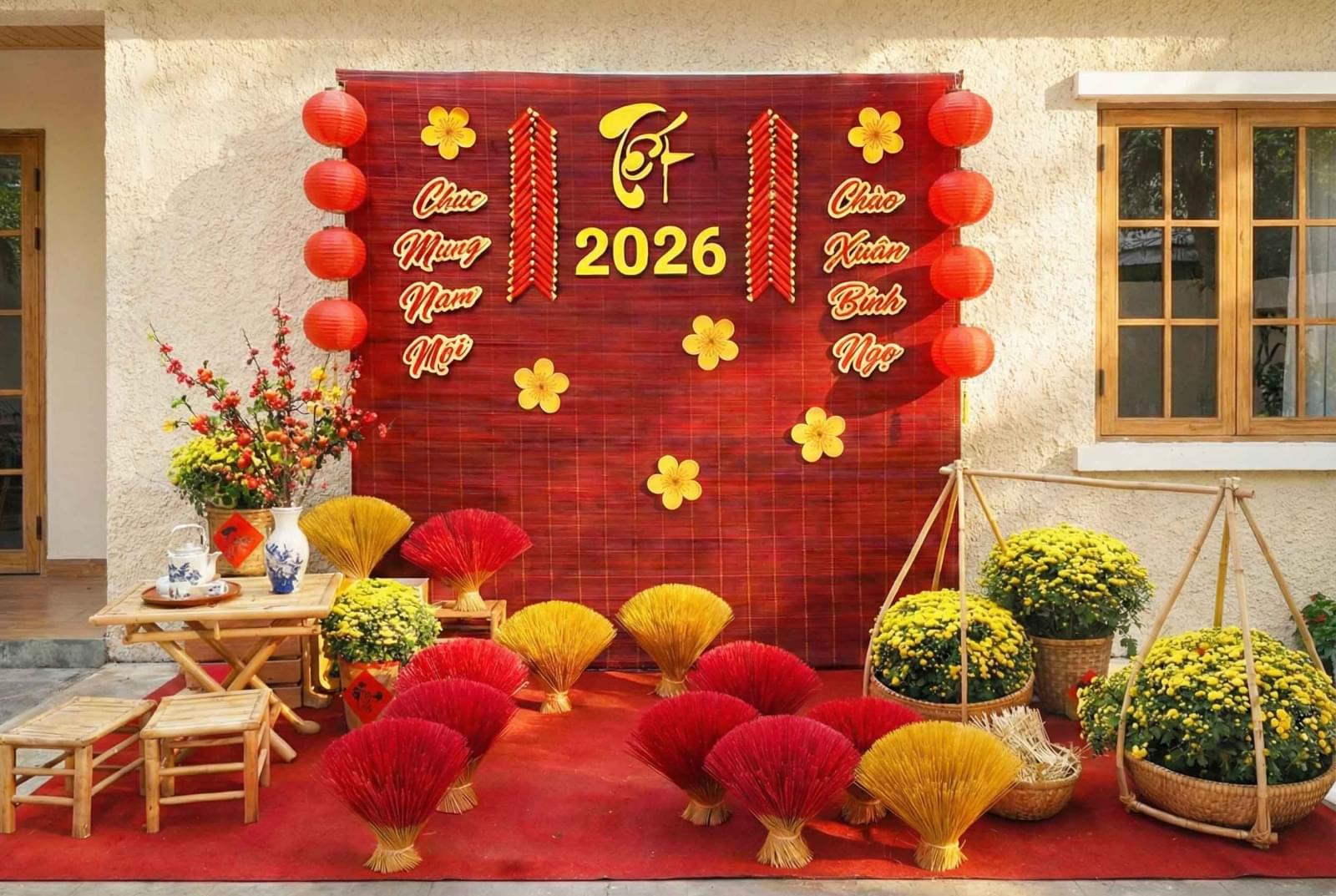 Tiểu cảnh trang trí Tết 2026 với phông đỏ tre truyền thống, đèn lồng, nhang tăm, hoa cúc vàng