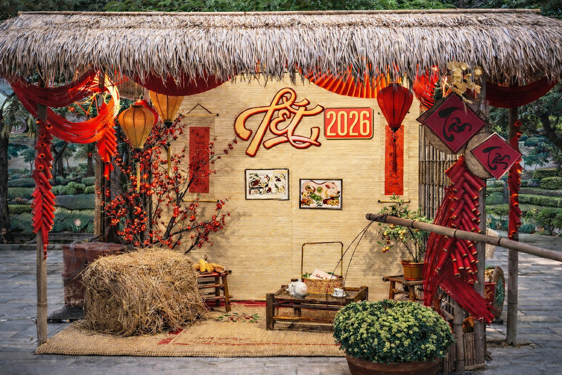 Mẫu tiểu cảnh tết xưa đậm phong vị làng quê truyền thống, tái hiện không gian Tết xưa mộc mạc và ấm cúng