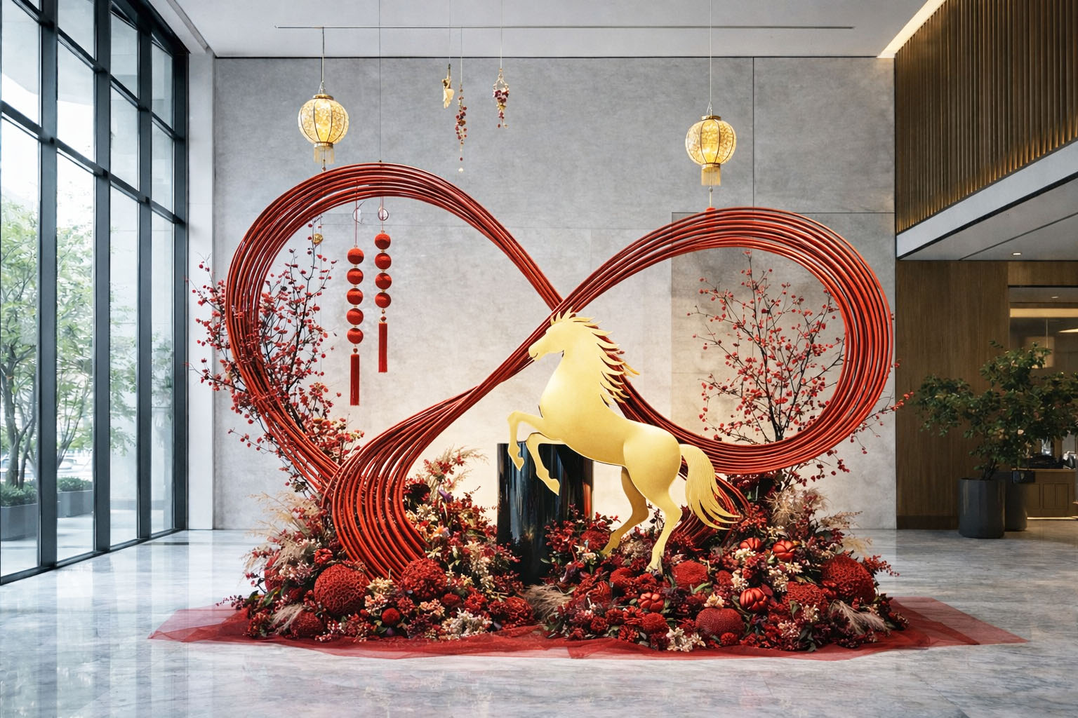 Mẫu tiểu cảnh Tết mang phong cách hiện đại, nghệ thuật với thiết kế phên tre uốn lượn và hoa đỏ rực rỡ, trung tâm và mô hình ngựa dũng mãnh. 