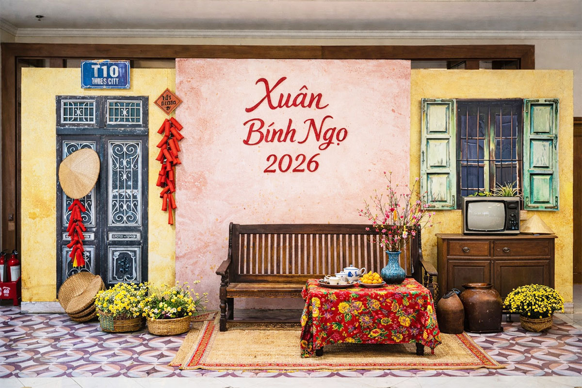 Mẫu tiểu cảnh Tết phong cách hoài niệm với hình ảnh nhà phố xưa, gam màu ấm áp. 