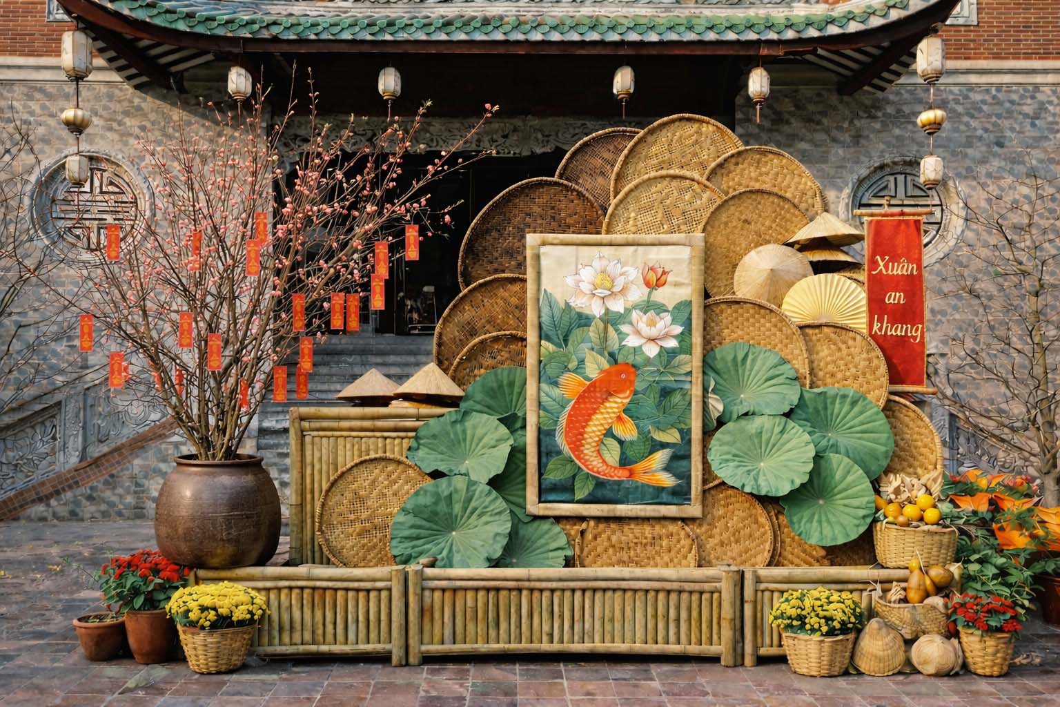 Tiểu cảnh trang trí tết mộc mạc với mẹt tre, nón lá, lá sen độc đáo tại chùa 