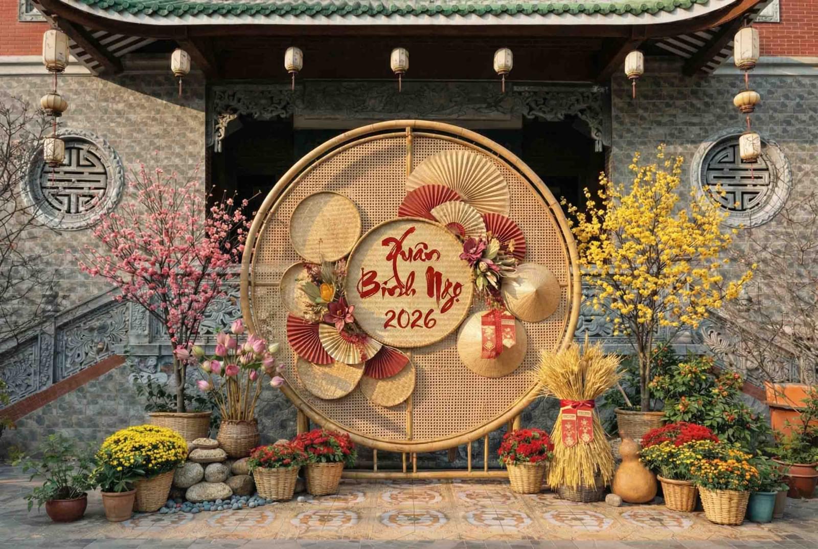 Mẫu tiểu cảnh trang trí Tết 2026 tại chùa với khung tròn mây tre, chữ Xuân Bính Ngọ và hoa đào hoa mai rực rỡ