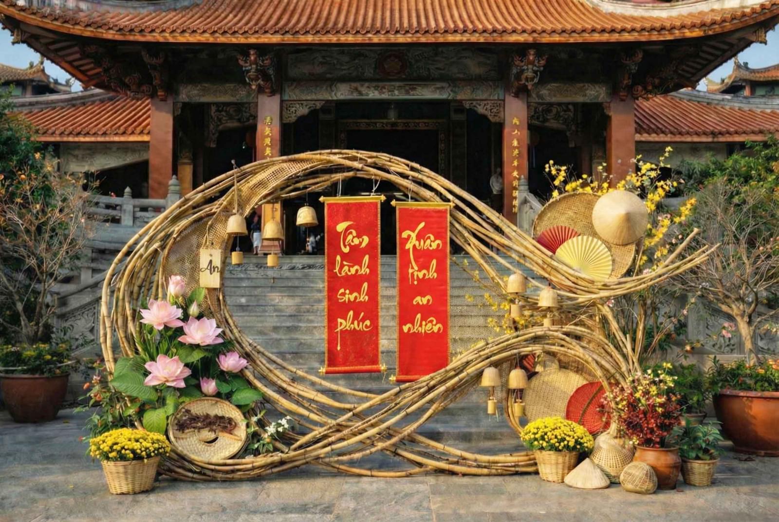 Mẫu tiểu cảnh trang trí Tết truyền thống với cổng tre uốn lượn, câu đối đỏ và hoa sen 