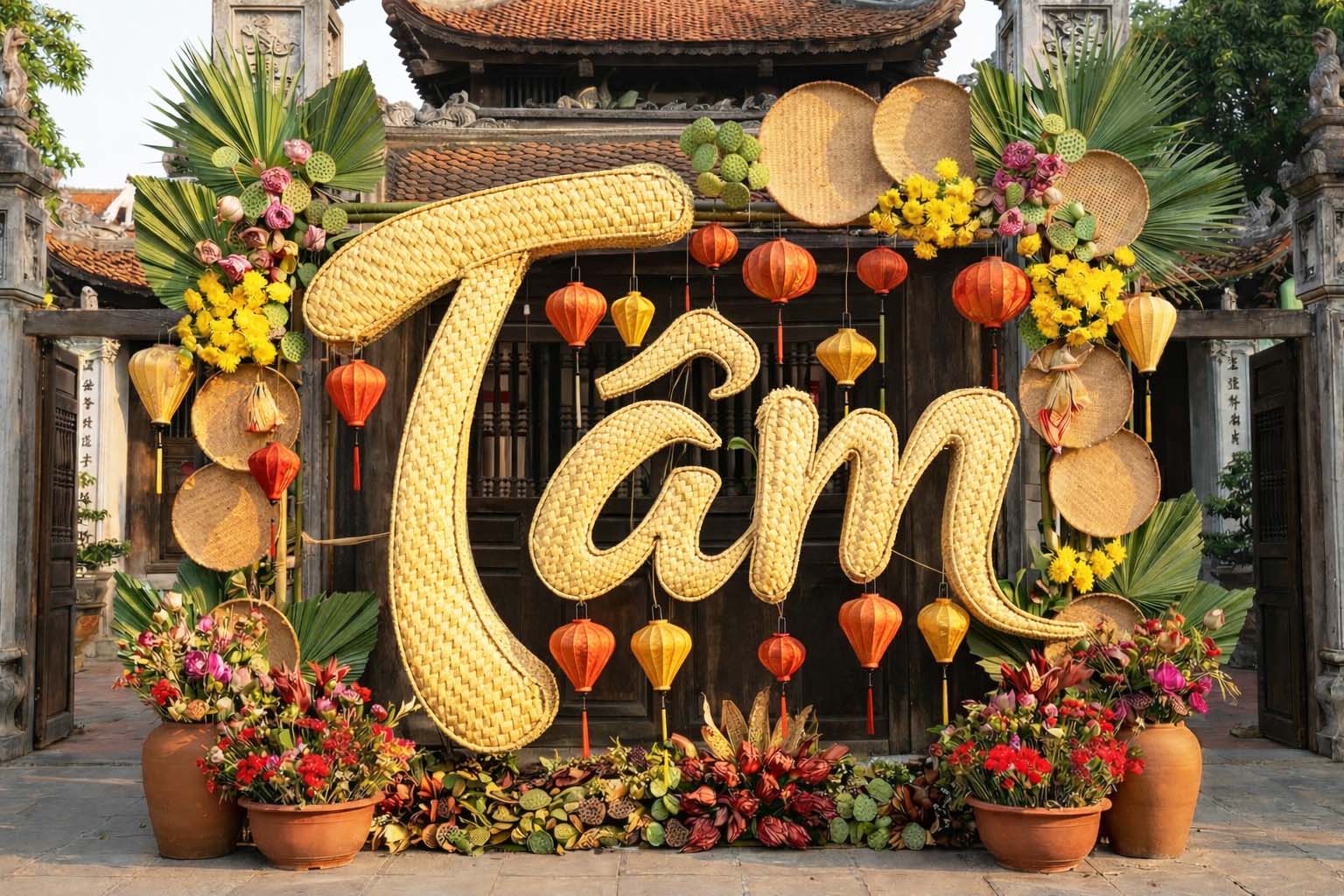 Tiểu cảnh Tết truyền thống với chữ “Tâm” nghệ thuật, trang trí tre nứa, đèn lồng