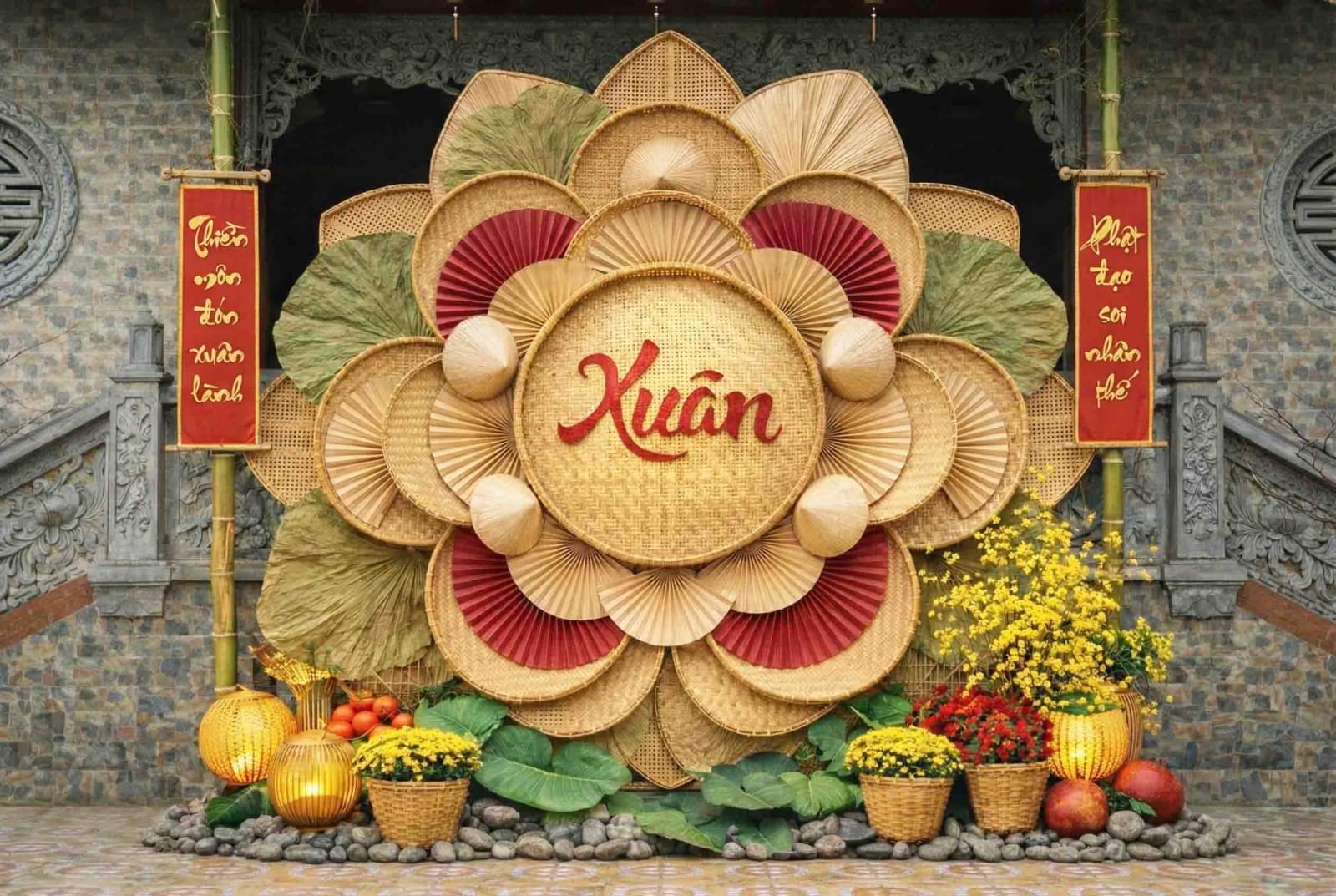 Mẫu tiểu cảnh Tết thuần Việt sử dụng mây tre đan, quạt nan xếp lớp, chữ Xuân thư pháp truyền thống