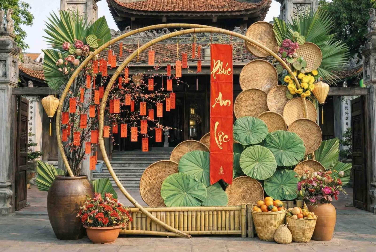 Tiểu cảnh Tết truyền thống với cổng tròn tre nứa, mẹt tre và câu đối đỏ “Phúc An Lộc”