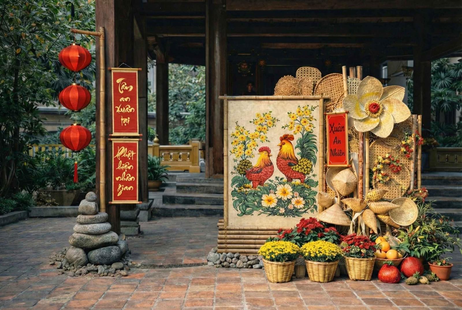Mẫu tiểu cảnh trang trí Tết phong cách truyền thống với tranh dân gian gà trống, vật liệu tre nứa, hoa xuân