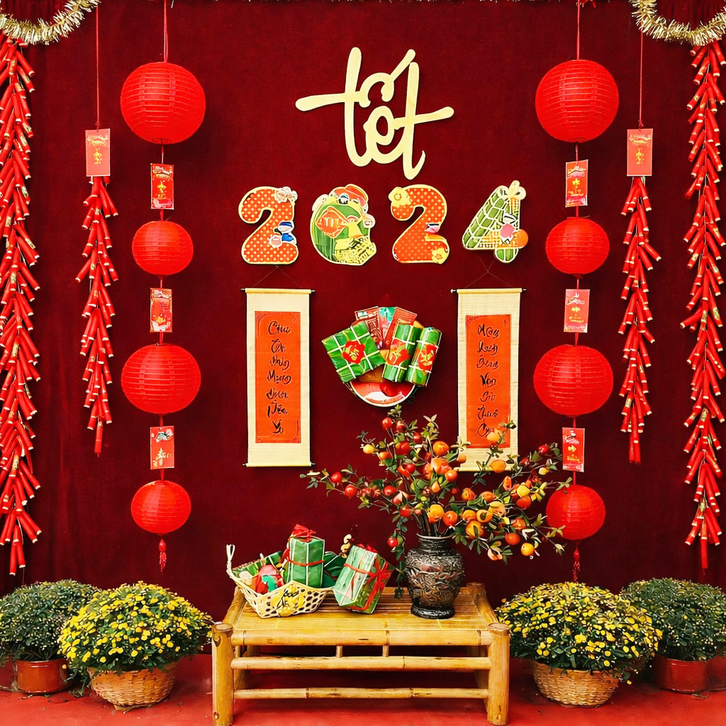 Trang trí tết quán cafe với concept tết cổ truyền với các phụ kiện câu đối đỏ, bánh trưng, bình lựu đỏ,