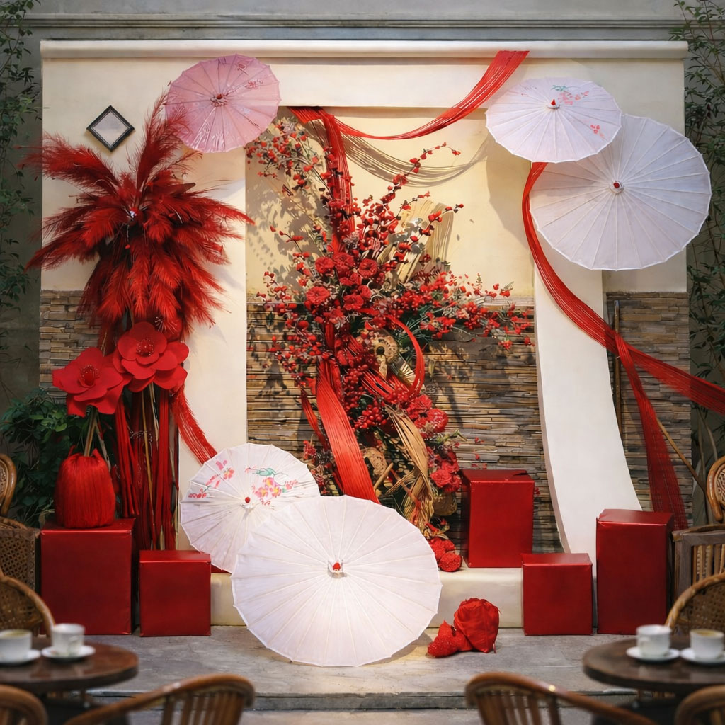 Trang trí tết quán cafe concept trung hoa với pháo hoa, dù, hoa xuân 