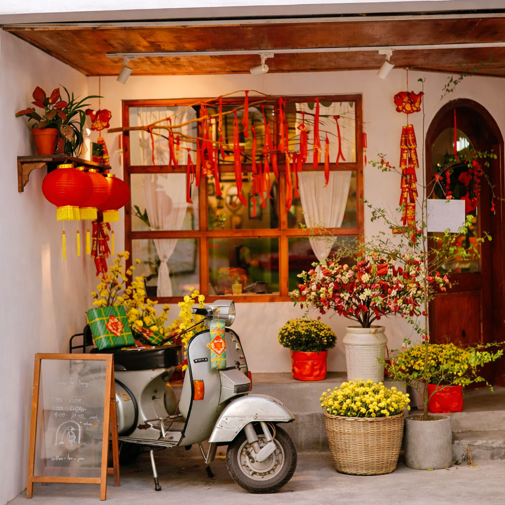Decor tết trước quán cafe theo phong cách vintage 