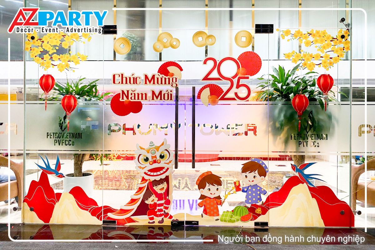 decal tết dán cửa kính tại PVFCCo, có trang trí các chi tiết như múa lân, 2 bé trai và gái, tiểu cảnh đòi núi và chim én